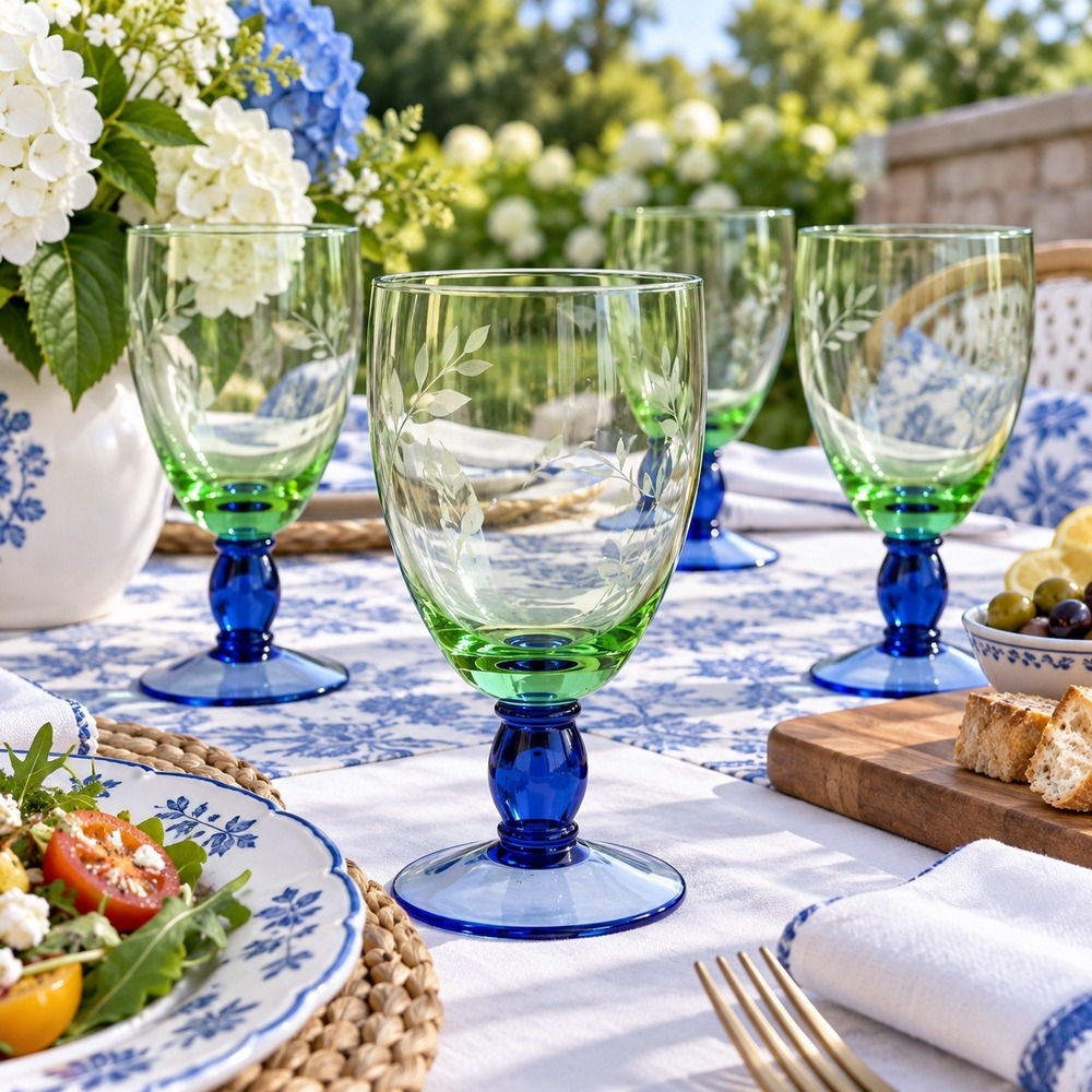 Vintage Pfaltzgraff Summer Breeze Color Block Blue Green Etched Goblets Set 6